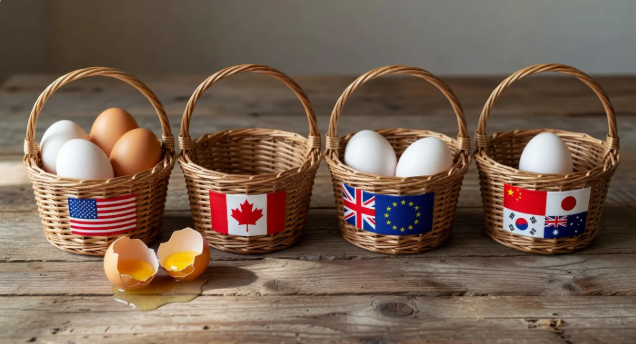 Four baskets where one is dangerously overloaded and an egg has fallen and broken — the consequence of over-concentration